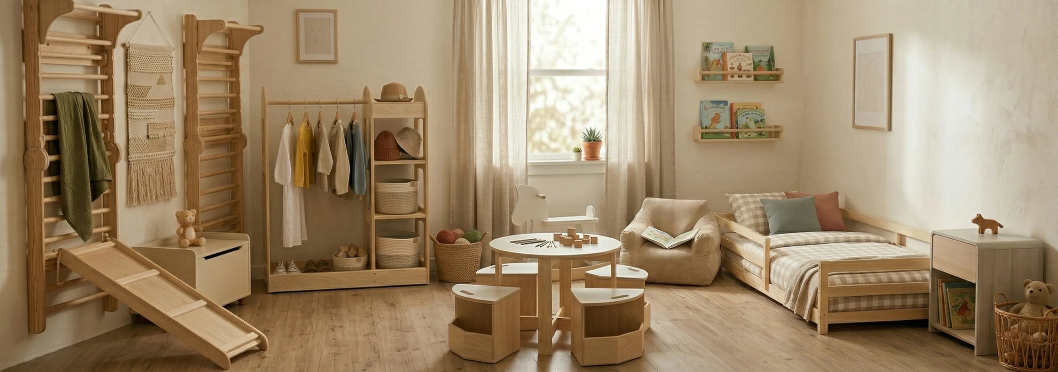 A panoramic photograph of a cozy, modern-style wooden children's room, showcasing a complete set of Montessori-style solid wood furniture—including a double-slide climbing frame, a clothing rack, a play table and chairs, a small bed complete with pillows and bedding, an armchair, a bookshelf, and various toys—all rendered in a harmonious palette of cream and natural wood tones. This image is designed for use as a website homepage banner.