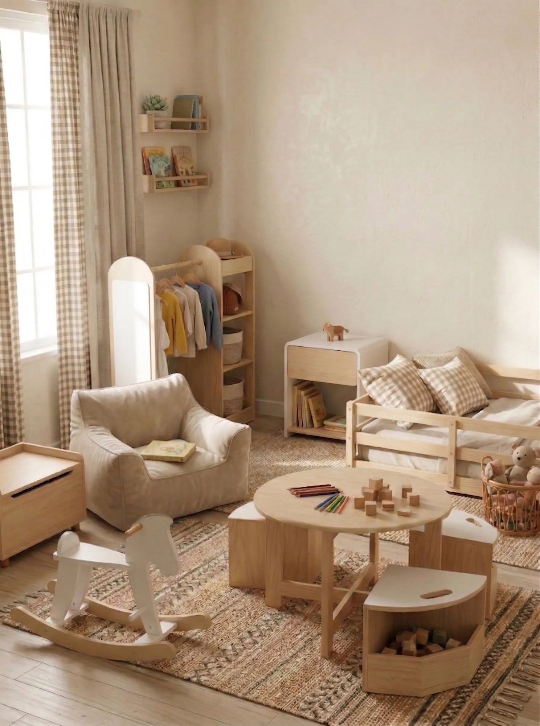 A panoramic photograph of a cozy, modern-style wooden children's room, showcasing a complete set of Montessori-style solid wood furniture—including a double-slide climbing frame, a clothing rack, a play table and chairs, a small bed complete with pillows and bedding, an armchair, a bookshelf, and various toys—all rendered in a harmonious palette of cream and natural wood tones. This image is designed for use as a website homepage banner.