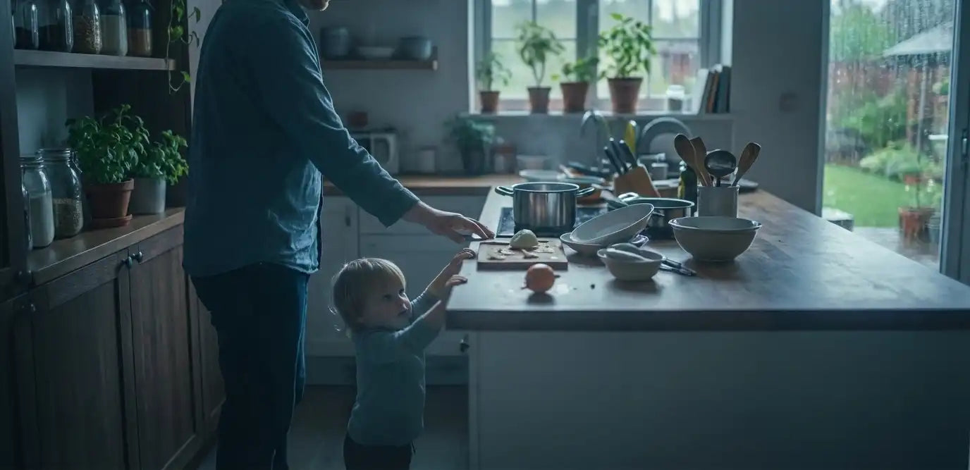 The father is chopping vegetables in the kitchen, while the toddler beside him stands on tiptoe trying to reach the high kitchen countertop, demonstrating the need for a safe walking stool when parents and children are cooking together.