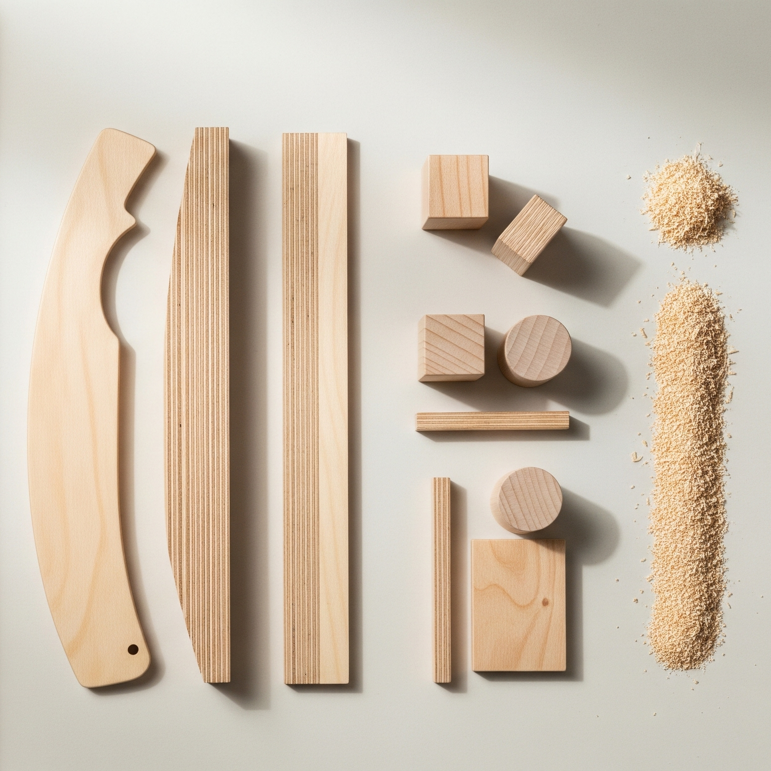 A flat-lay knolling photograph showing the lifecycle of Hicooo's birch plywood usage: from raw plank to furniture parts, to wooden toy blocks, and finally to sawdust, illustrating a zero-waste manufacturing process.