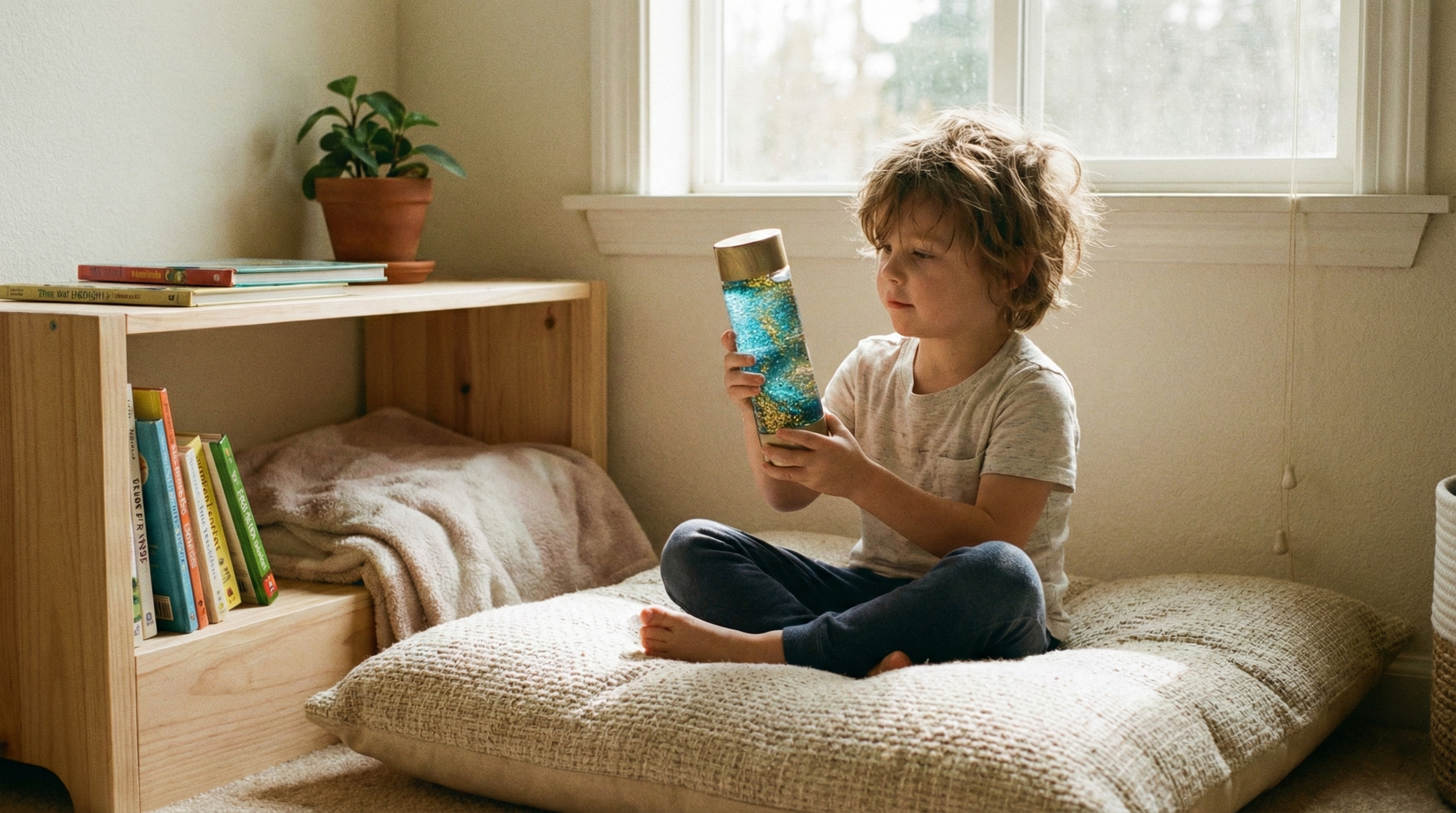 A 4-year-old child sitting calmly in a cozy Montessori Peace Corner with pillows and books, practicing emotional regulation instead of a time-out.