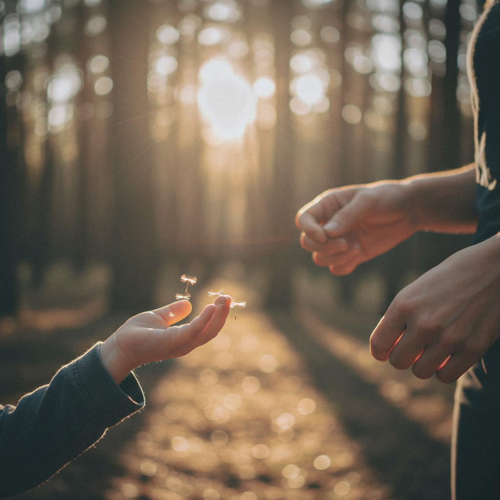 In the setting sun, a child's small hand, facing the wind, scattered a cluster of dandelions.
