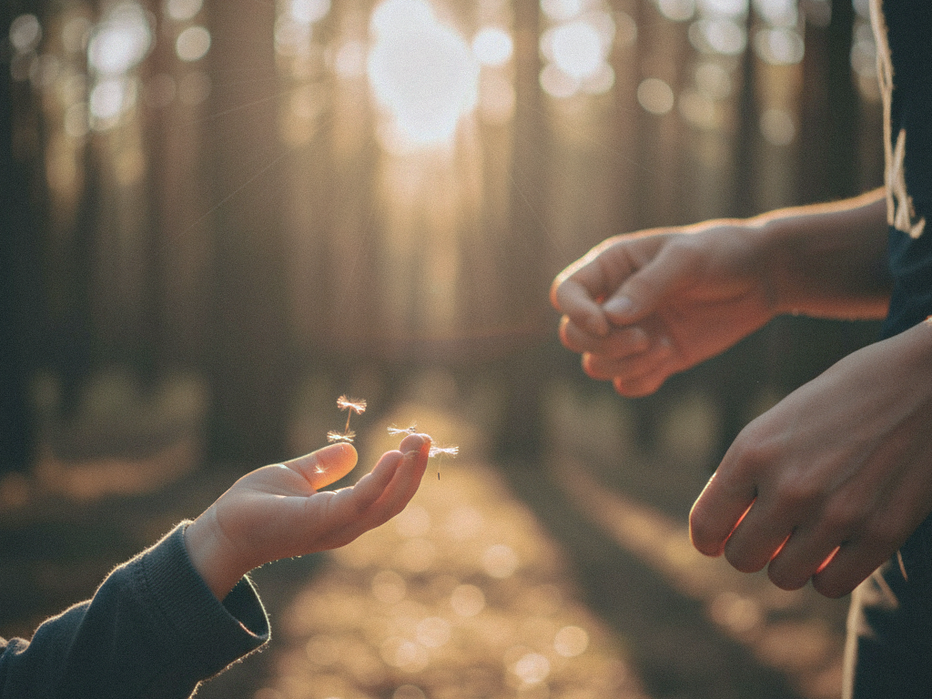 In the setting sun, a child's small hand, facing the wind, scattered a cluster of dandelions.