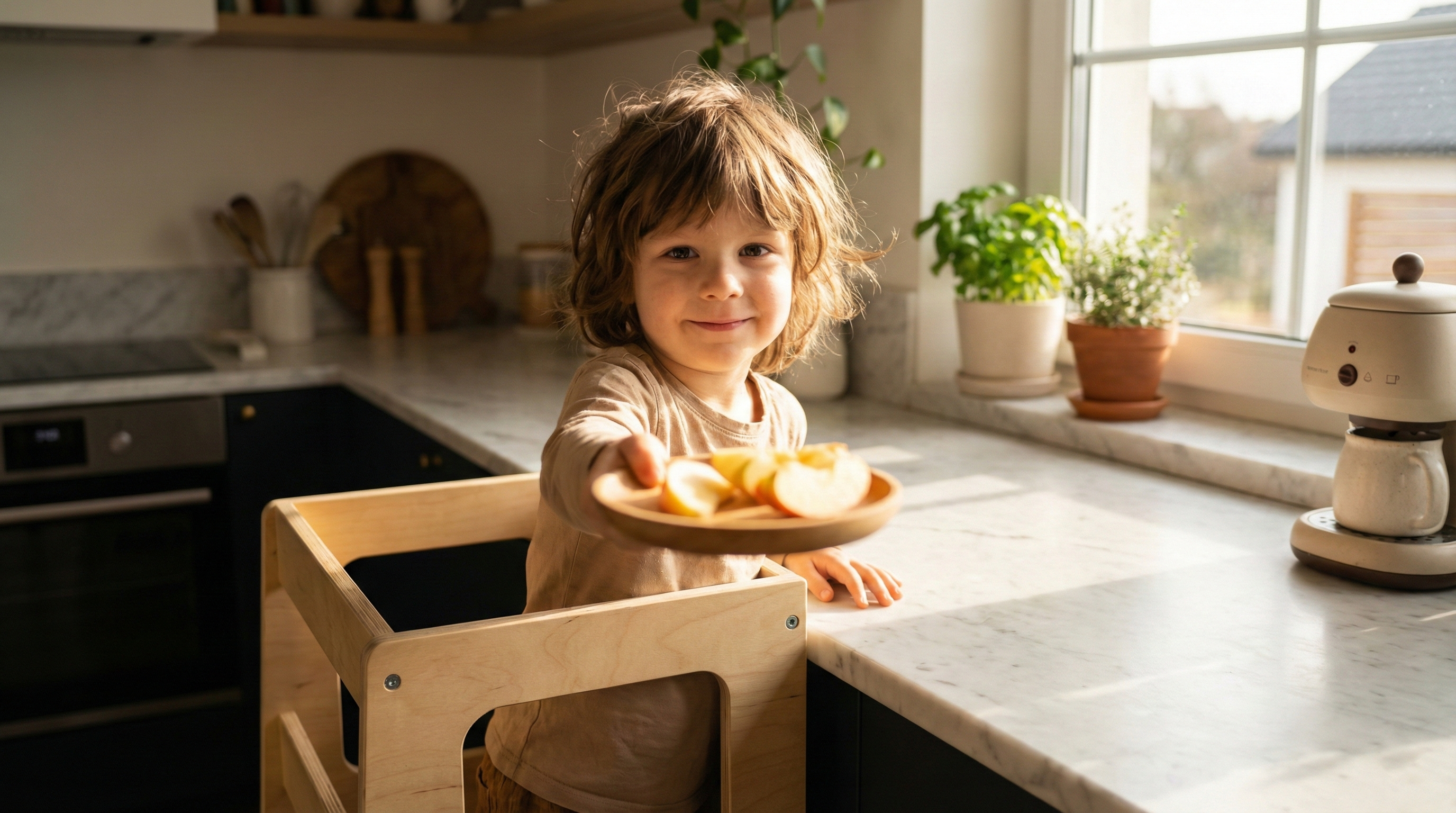 A 4-year-old child standing in a Hicooo Learning Tower, happily offering a plate of fruit to a parent, illustrating a Montessori Grace and Courtesy lesson.