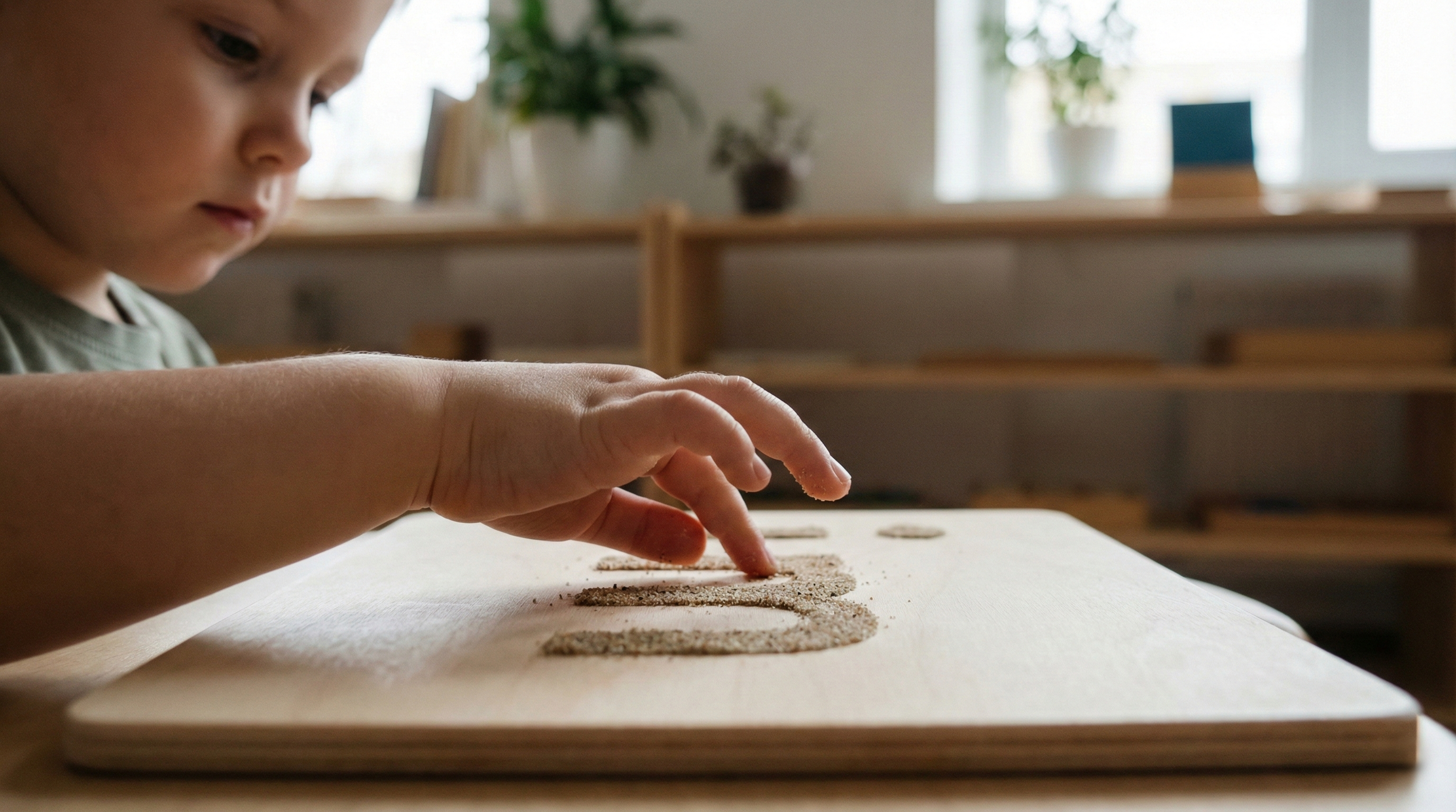 A 4-year-old child tracing a Montessori sandpaper letter 'a' with their fingers, learning writing through tactile sensory inputs before reading.