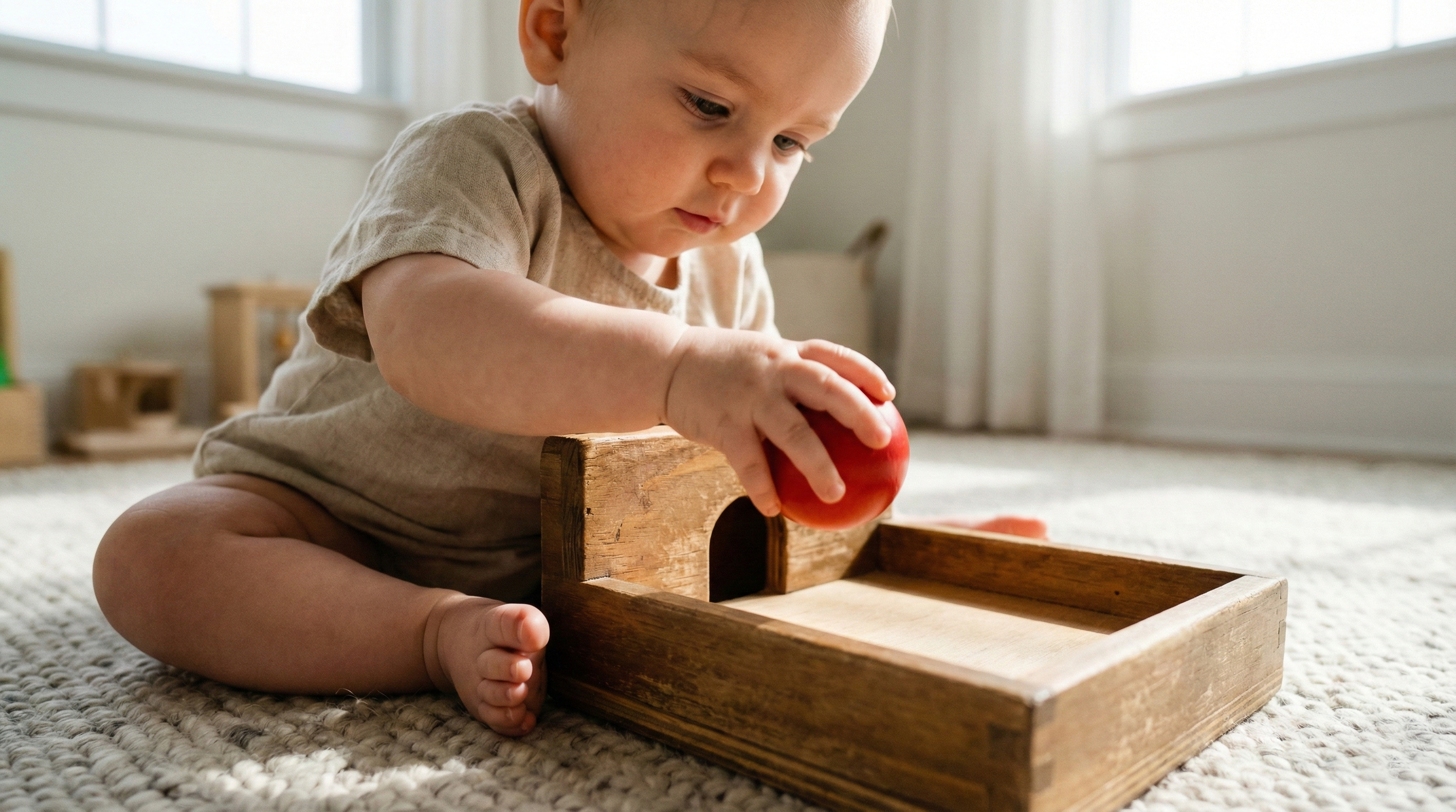 A 7-month-old baby sitting and playing with a wooden Montessori Object Permanence Box, dropping a ball into the hole to learn about cause and effect.