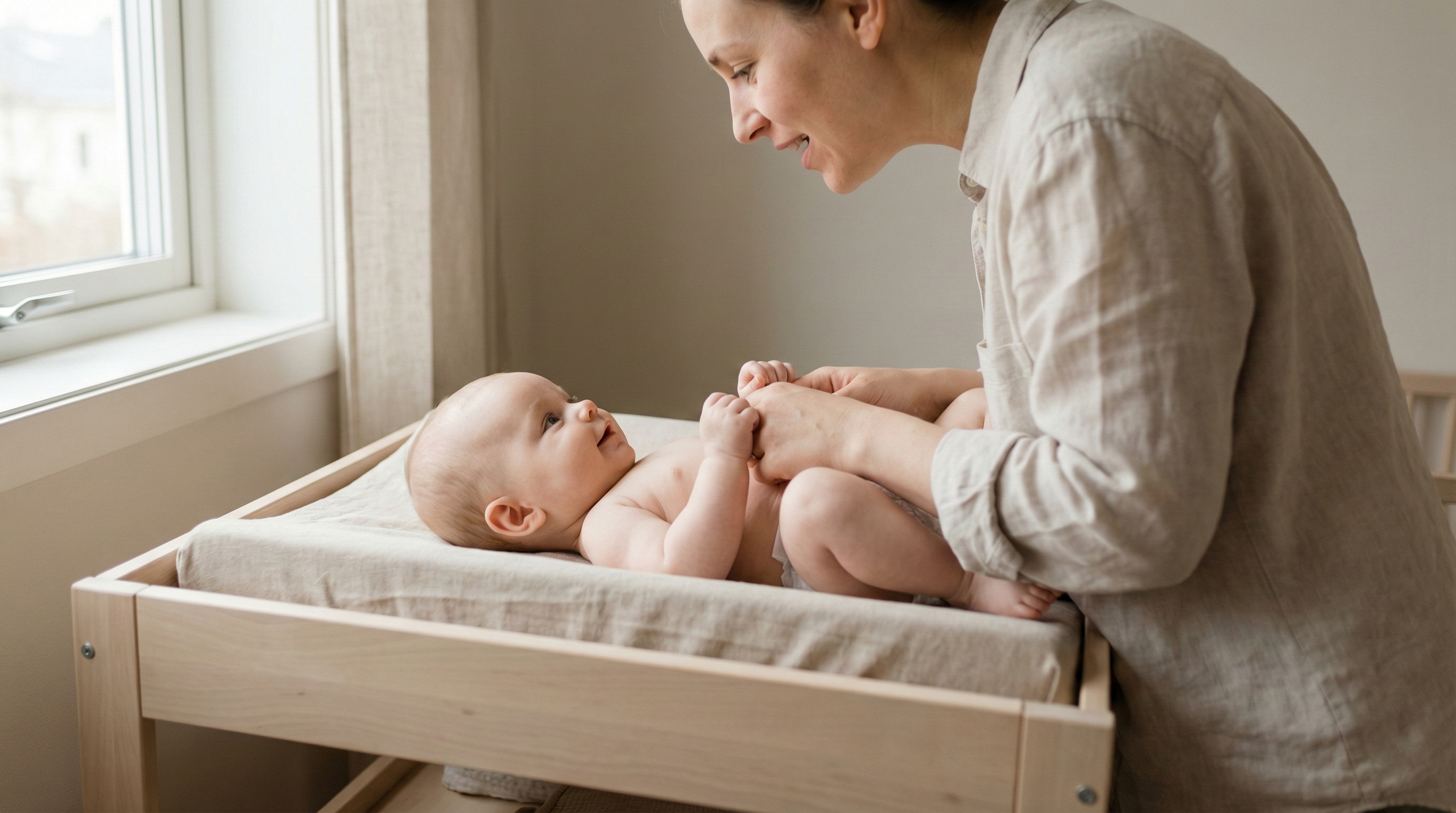 A mother making eye contact and talking gently with her 4-month-old baby during a diaper change, illustrating the concept of respectful caregiving and interaction.