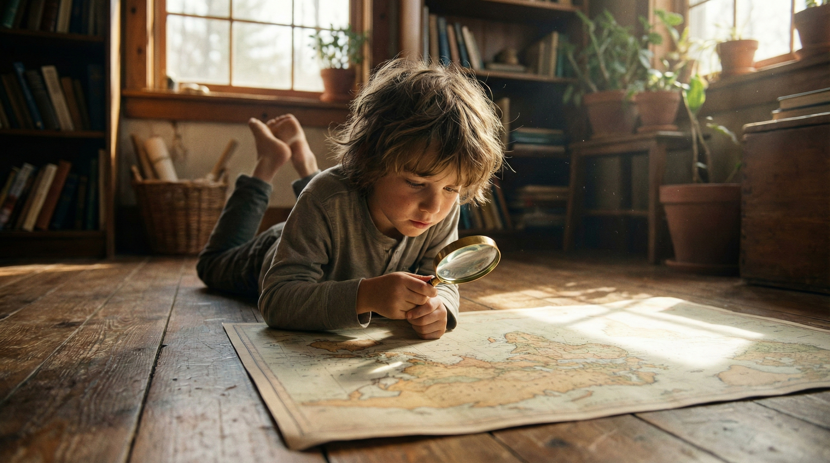 A 7-year-old child deeply engaged in reading a large map or encyclopedia, illustrating the Montessori concept of the Reasoning Mind and intellectual curiosity.