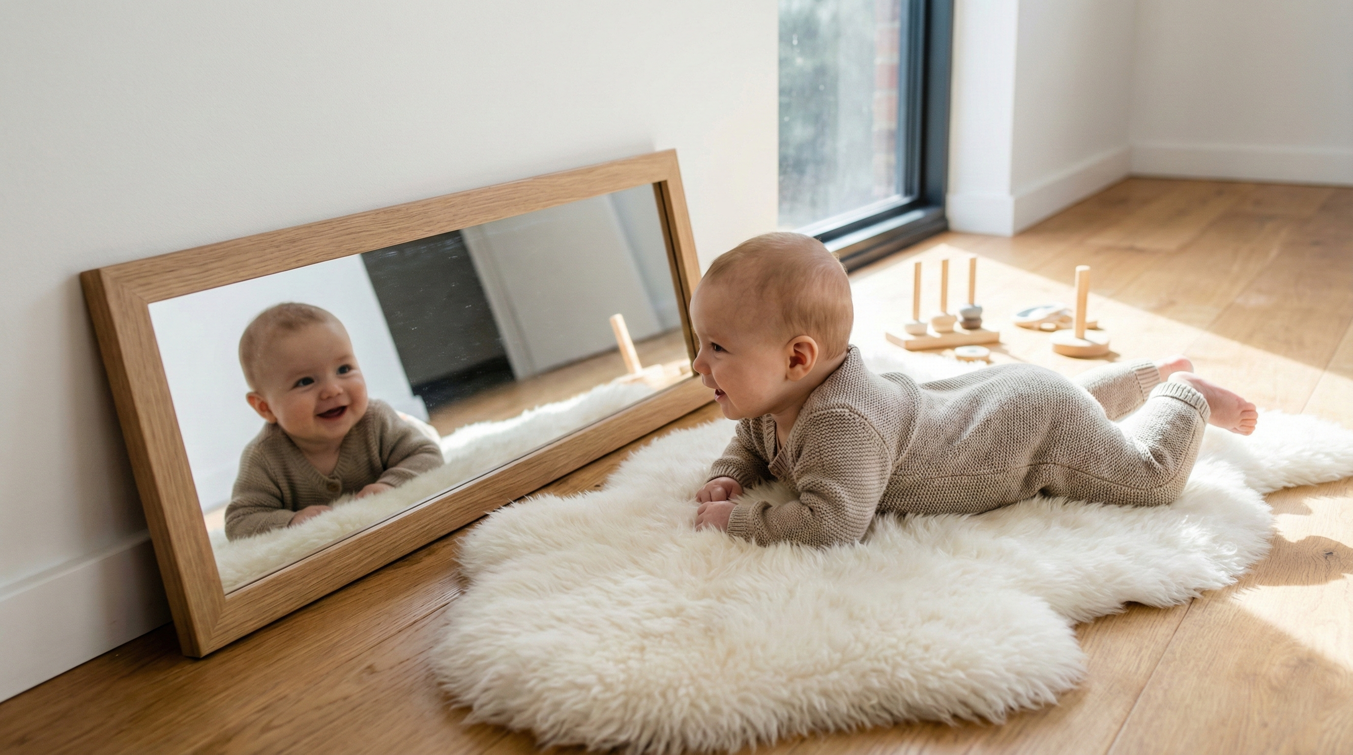 A 4-month-old baby lifting their head during tummy time to look into a low horizontal Montessori mirror, engaging in self-discovery and concentration.