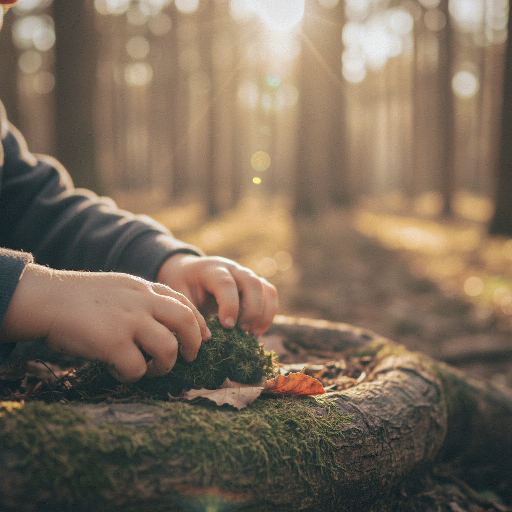 Close-up of a toddler's small hand tracing the smooth, layered edge of a Hicooo birch plywood learning tower, highlighting the importance of sensory play and natural textures in child development.