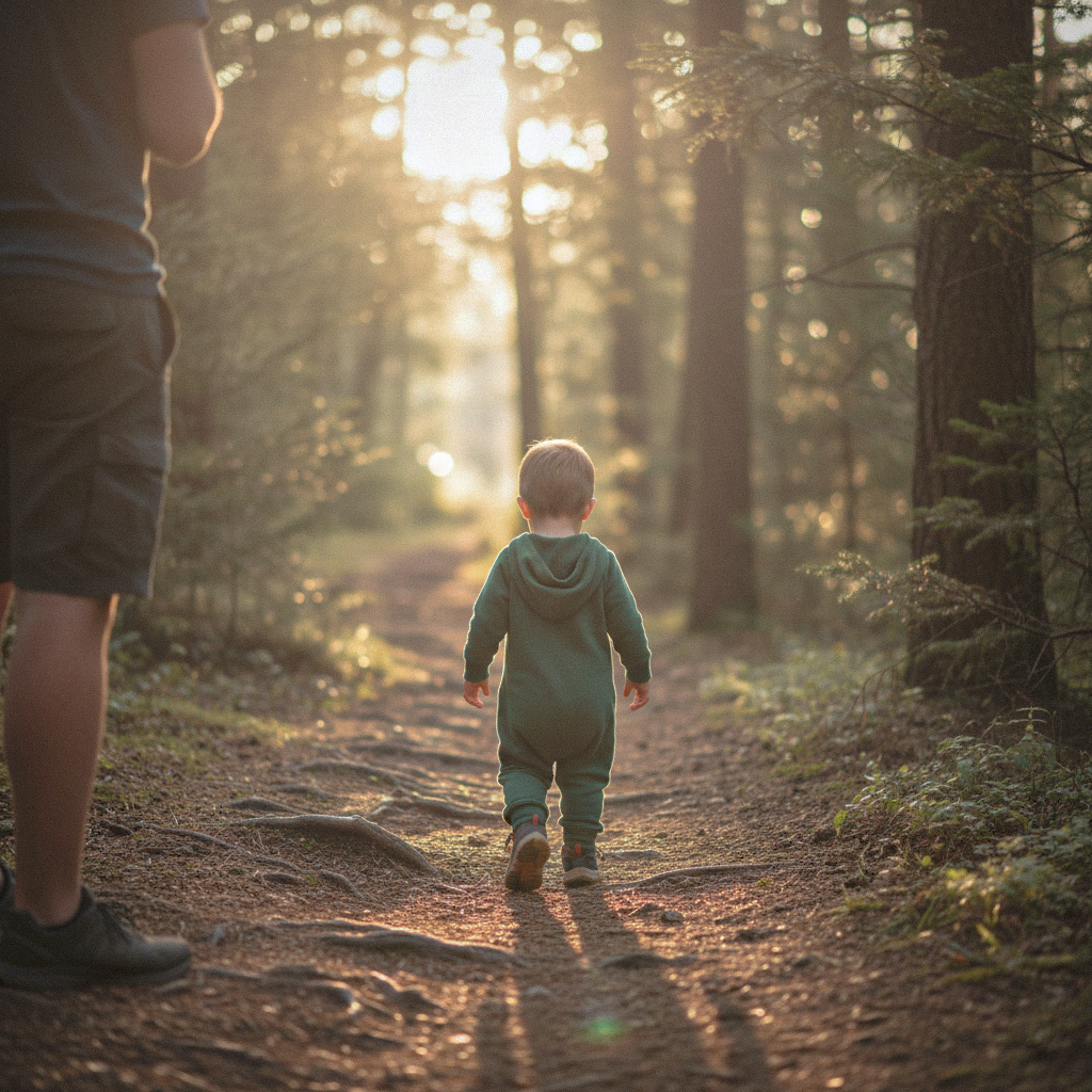 The toddler, who had just learned to walk, finally dared to walk alone for the first time. The father deliberately kept a distance, watching him walk on his own. On the tree-lined path in the setting sun, the little figure showed signs of growing up.