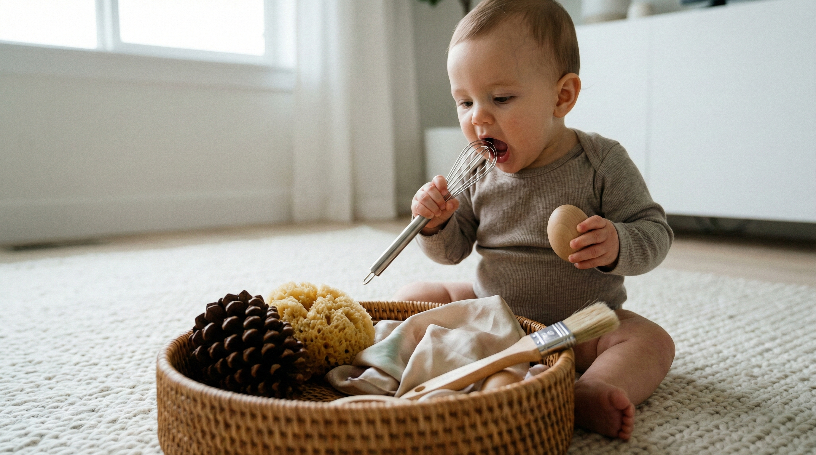 A 6-month-old baby sitting and exploring a Montessori Treasure Basket filled with natural everyday objects like a metal whisk, wooden spoon, and pinecone.