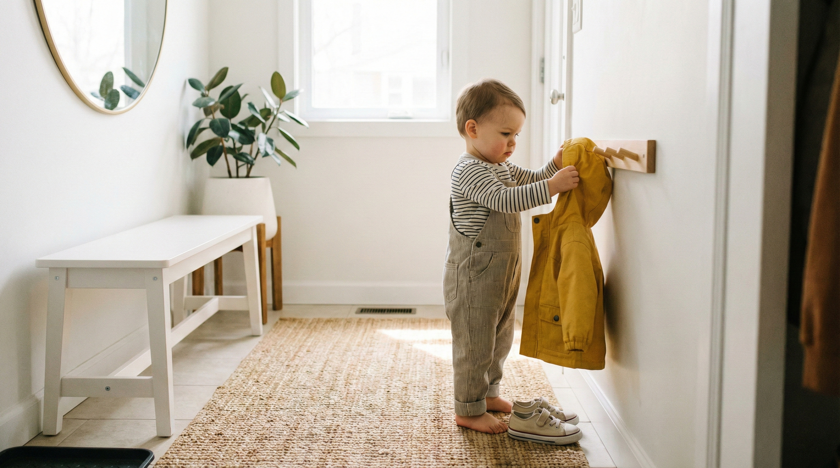 A toddler independently hanging their coat on a low hook in an organized Montessori entryway, illustrating the child's sensitive period for order and routine.