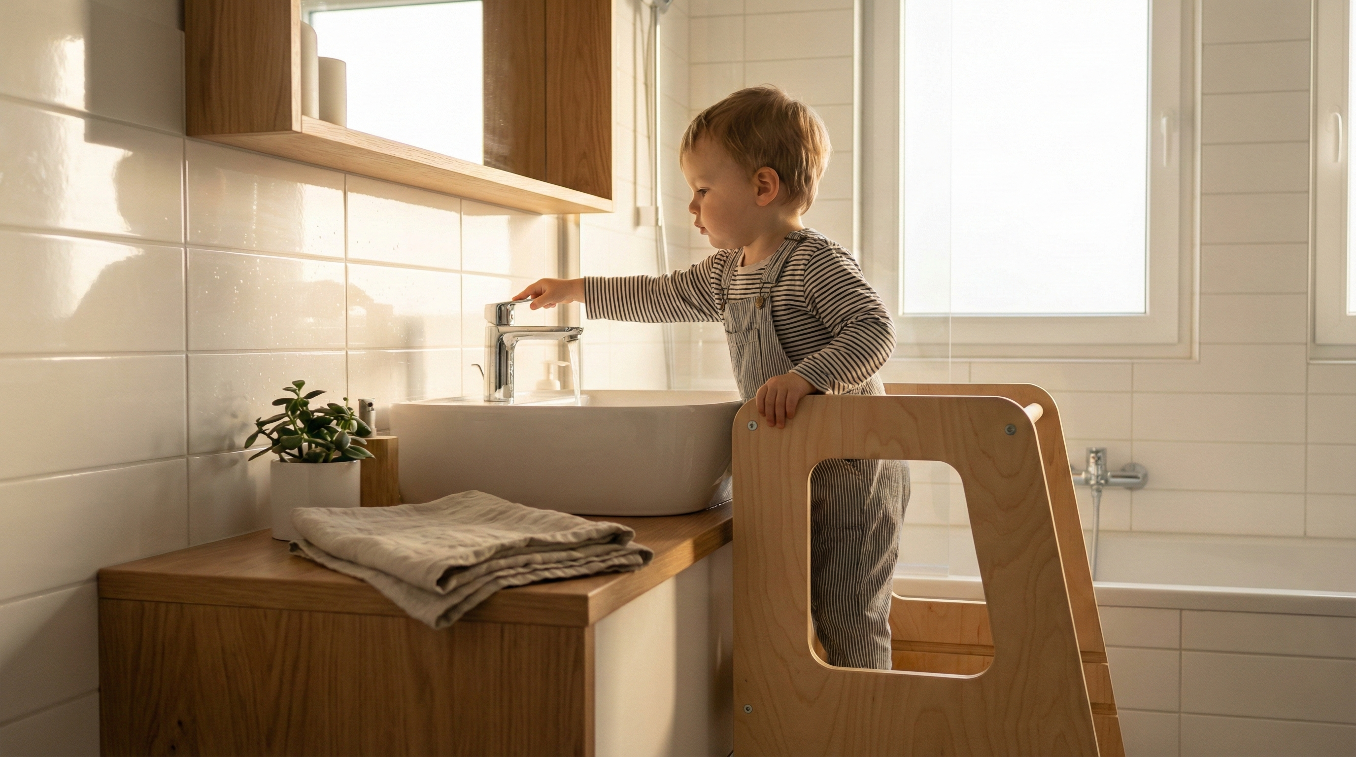 A toddler standing independently on a Hicooo Learning Tower at the bathroom sink to wash hands, illustrating the Montessori concept of toilet learning and hygiene.