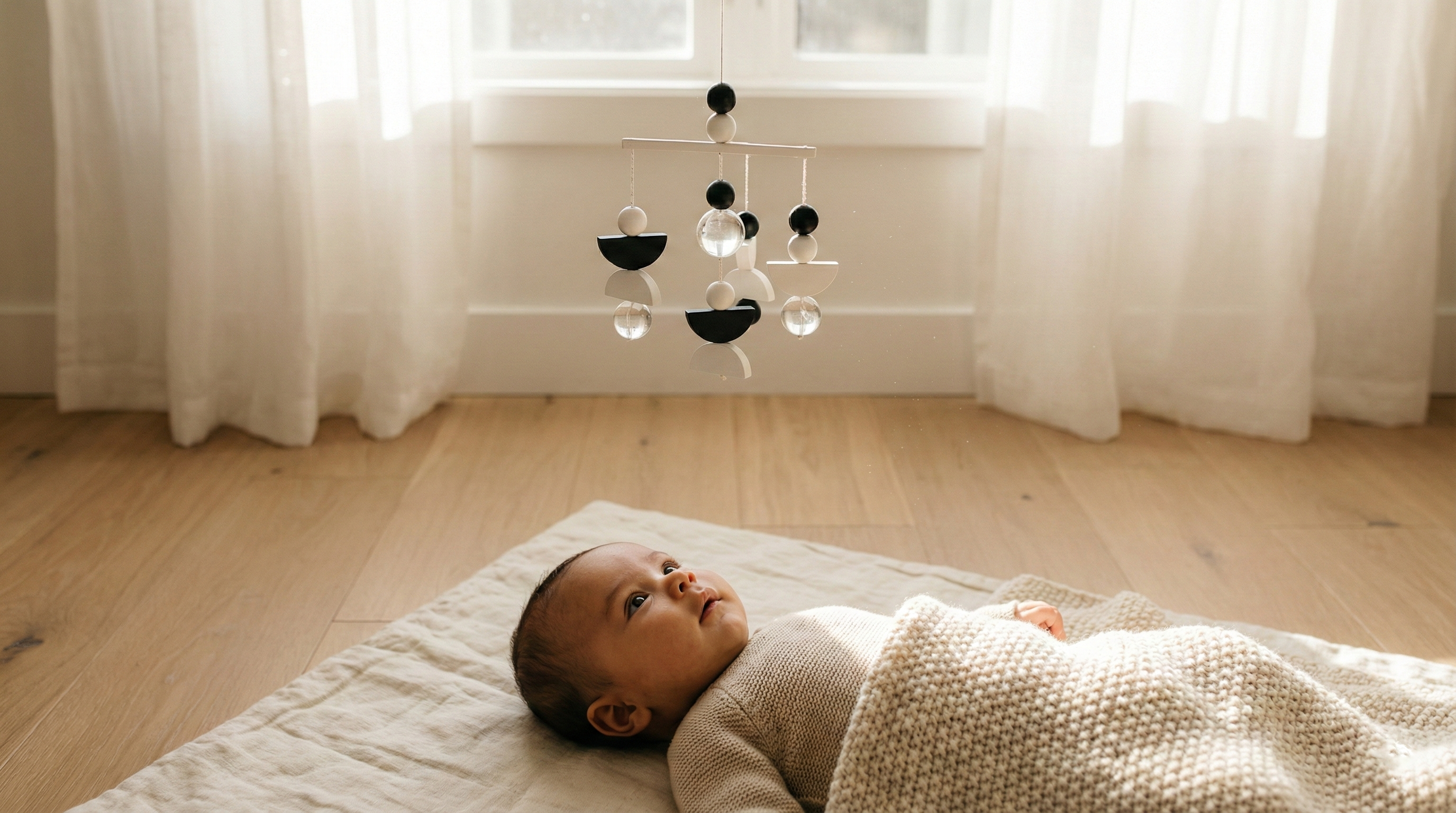 Newborn baby lying on a floor mat in a calm Montessori environment, gazing at a mobile, illustrating the concept of the Absorbent Mind and sensory development.