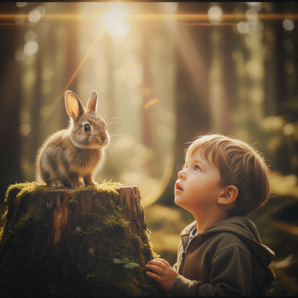 A wild rabbit standing confidently on a mossy tree stump, inspiring the Hicooo "High and Cool" philosophy and the concept of a solid footing