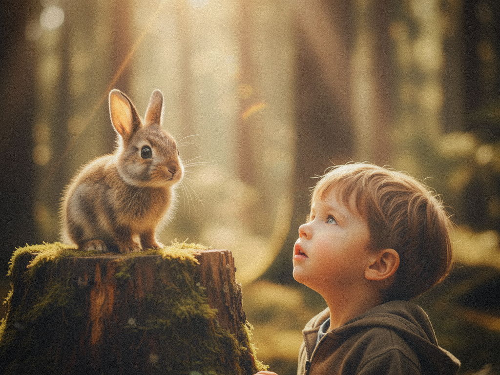 A wild rabbit standing confidently on a mossy tree stump, inspiring the Hicooo "High and Cool" philosophy and the concept of a solid footing