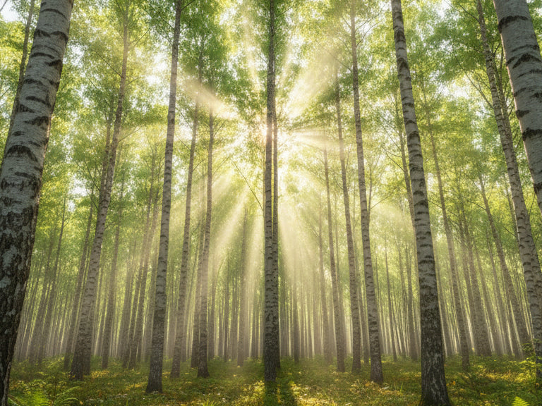 Sunlight filtering through a lush, sustainably managed Beech and White Oak forest, symbolizing Hicooo's commitment to regenerative forestry and eco-friendly sourcing.
