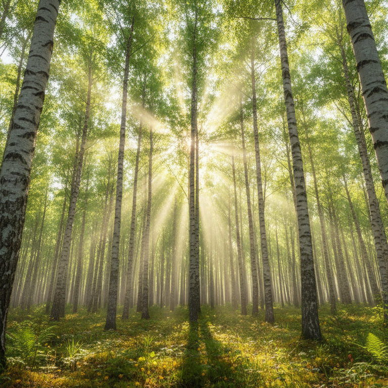 Sunlight filtering through a lush, sustainably managed Beech and White Oak forest, symbolizing Hicooo's commitment to regenerative forestry and eco-friendly sourcing.