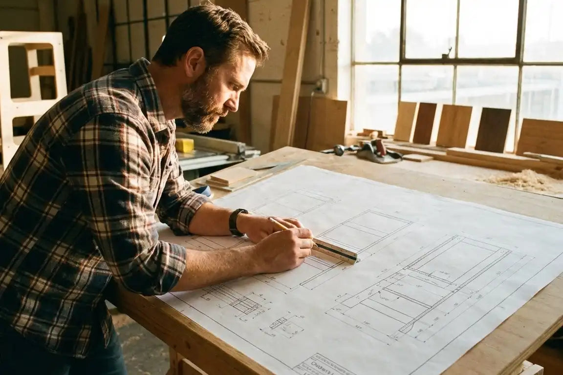 A bearded product designer stands in a bright studio, hunched over a drawing table, carefully sketching detailed technical blueprints for wooden furniture with a pencil and ruler.