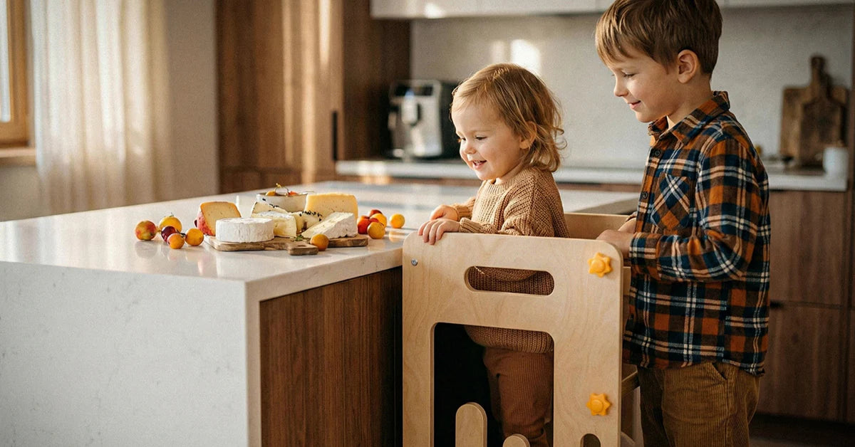 The two children were standing at the kitchen counter, the younger one on a safe wooden step stool, watching the food along with his older brother who was standing on the floor.