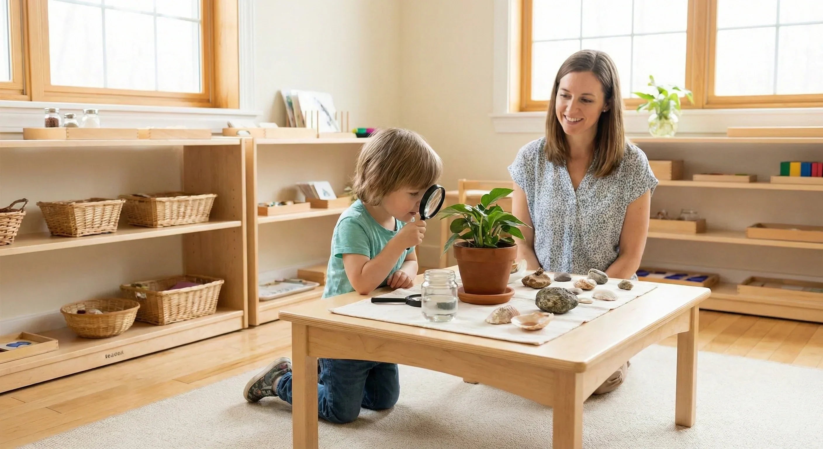 Young boy in a Montessori classroom using a magnifying glass to observe a plant and nature specimens on a table.