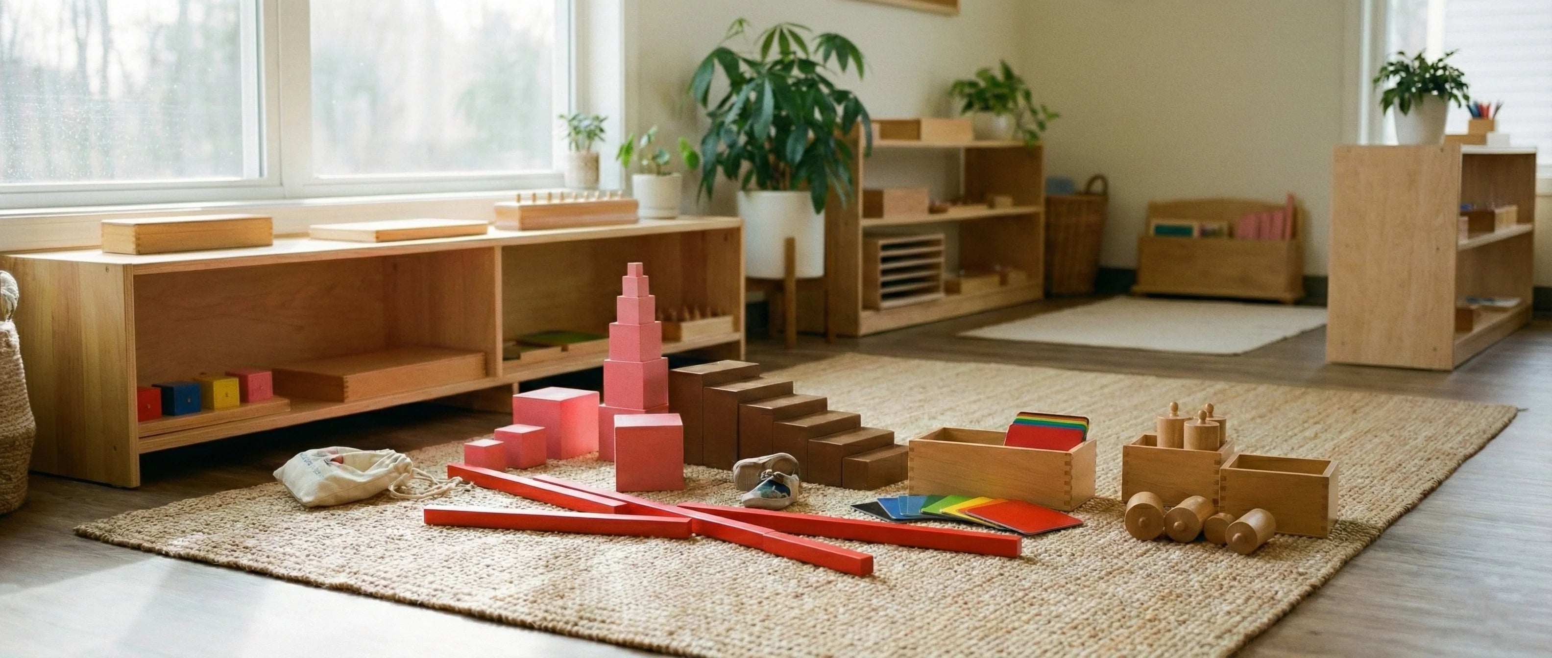 Bright Montessori classroom featuring classic sensorial materials like the Pink Tower, Brown Stair, Red Rods, and Knobbed Cylinders arranged on a rug.