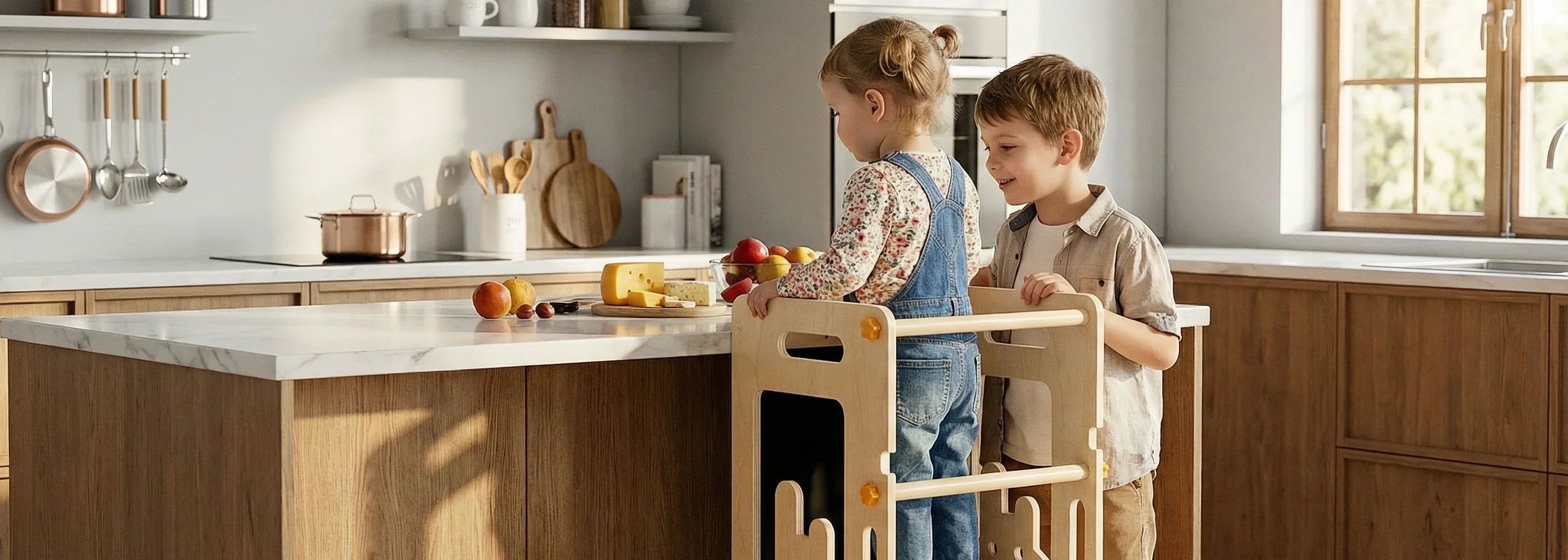 Two children, a toddler girl in a wooden learning tower and her older brother, preparing cheese snacks together at the kitchen island.