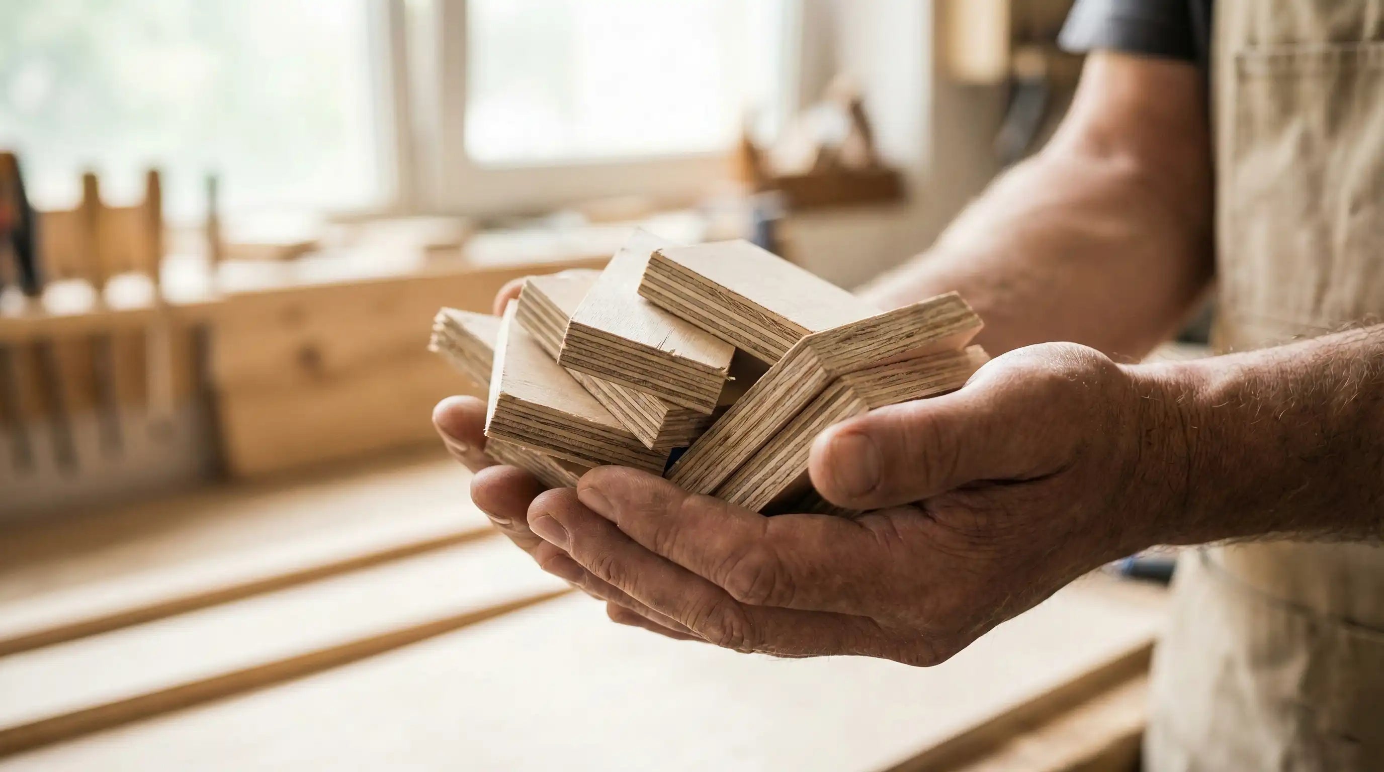 Close-up of a craftsman's hands respectfully holding stacked birch plywood offcuts, symbolizing the value of every piece of wood in sustainable furniture manufacturing.