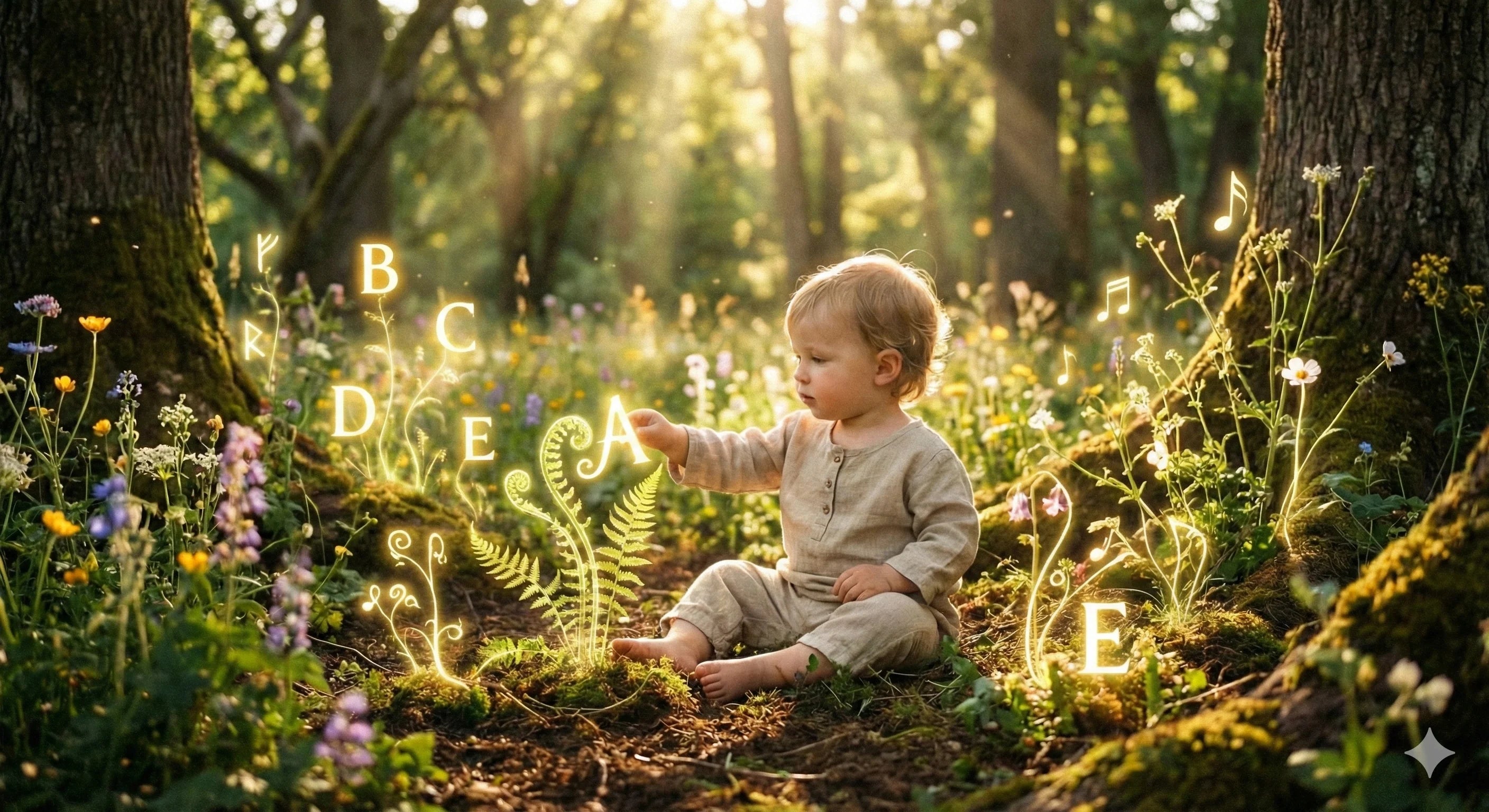Toddler sitting in a sunlit forest touching a glowing fern shaped like the letter A, surrounded by floating magical alphabet letters and music notes.
