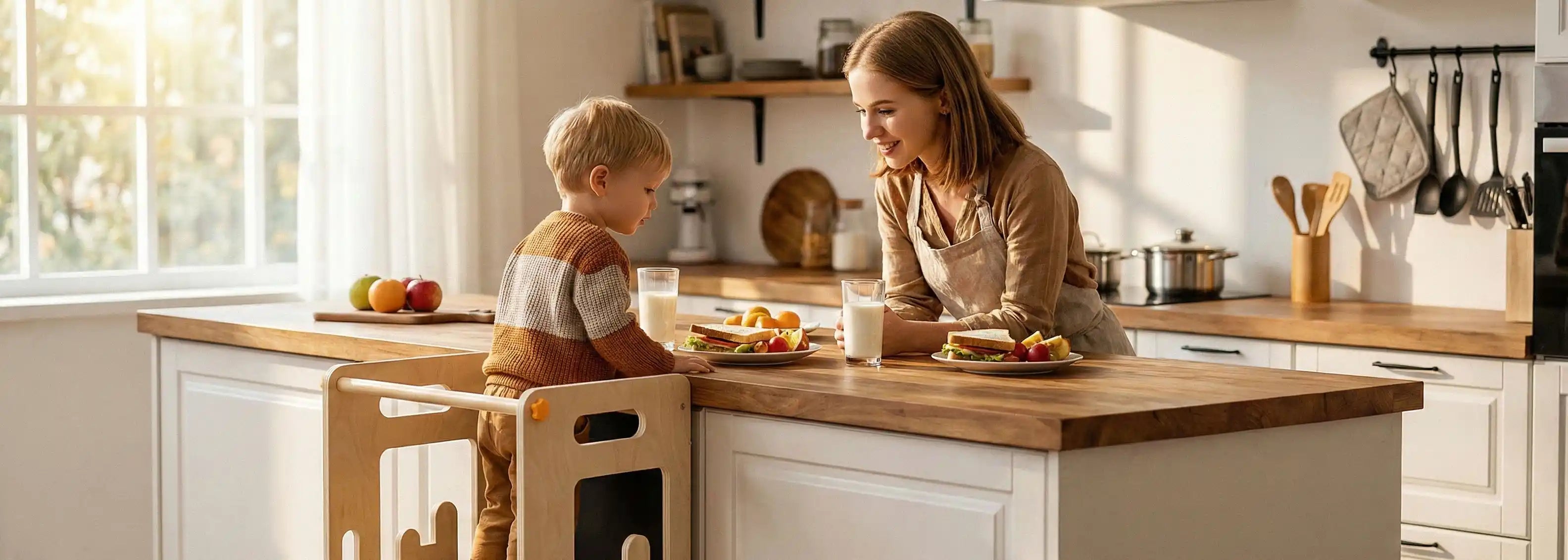 Toddler standing in a wooden learning tower eating a healthy breakfast with mom at the kitchen island in a sunny kitchen, showing the use of a kitchen helper stool for mealtimes.