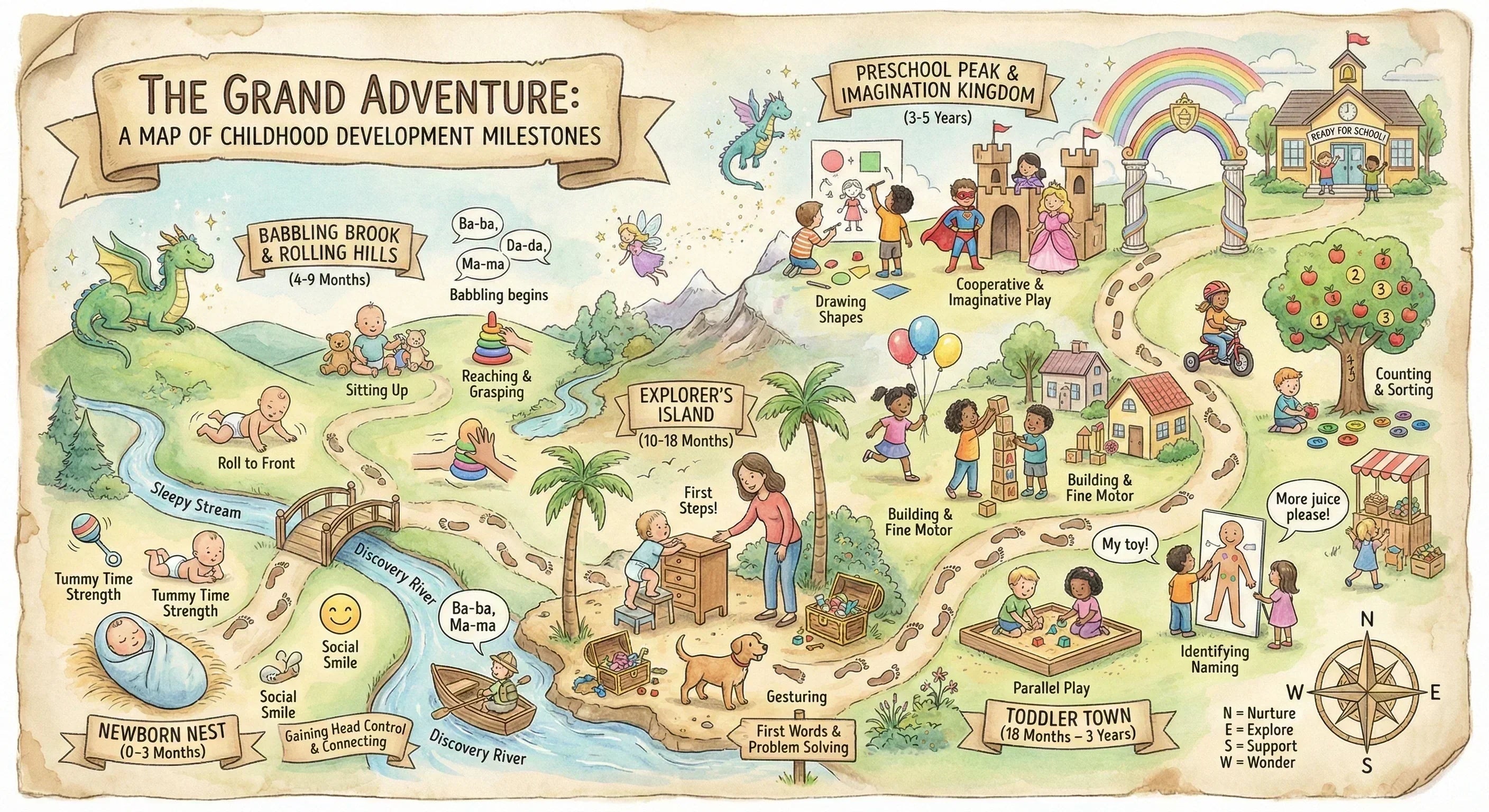 This whimsical, hand-drawn map visualizes key childhood development milestones from infancy to preschool as a grand adventure.