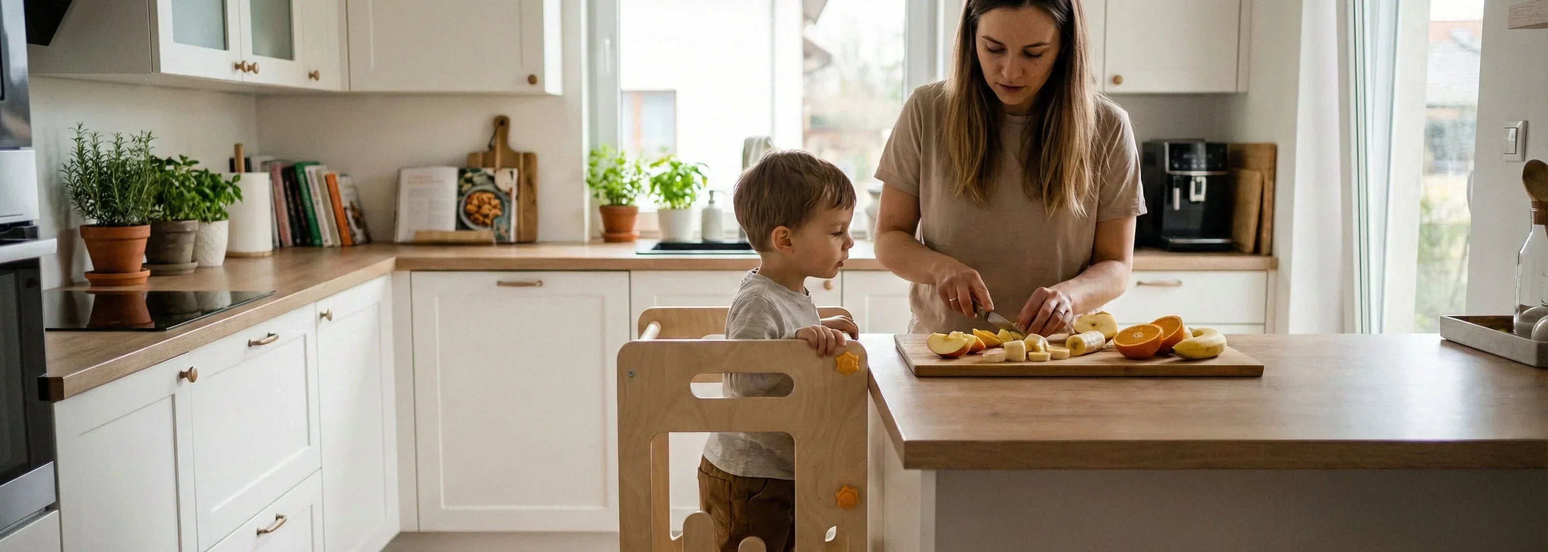 A toddler boy standing in a wooden learning tower, holding the safety rail, intently watching his mother chop fruit on the kitchen island. This illustrates how a kitchen helper stool allows safe participation in family meal prep.