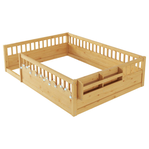 Montessori Floor Bed with Rails, LED Light & Storage Shelf