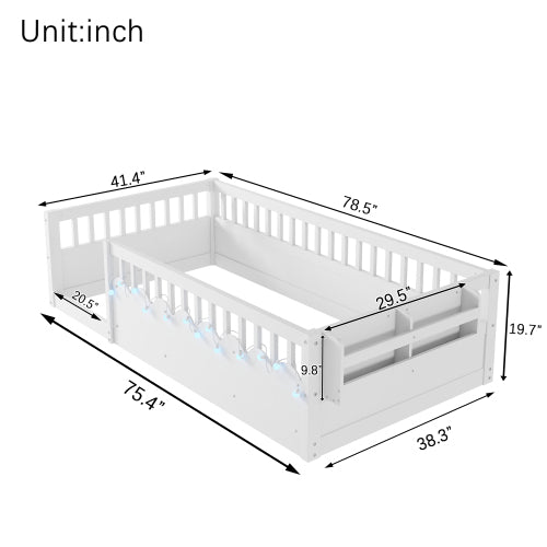 Montessori Floor Bed with Rails, LED Light & Storage Shelf
