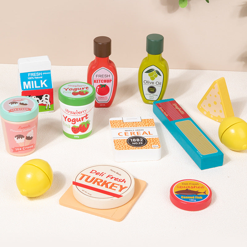 7-Piece Toddler Wooden Grocery Set with Milk & Cheese