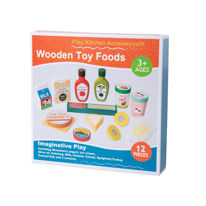 7-Piece Toddler Wooden Grocery Set with Milk & Cheese
