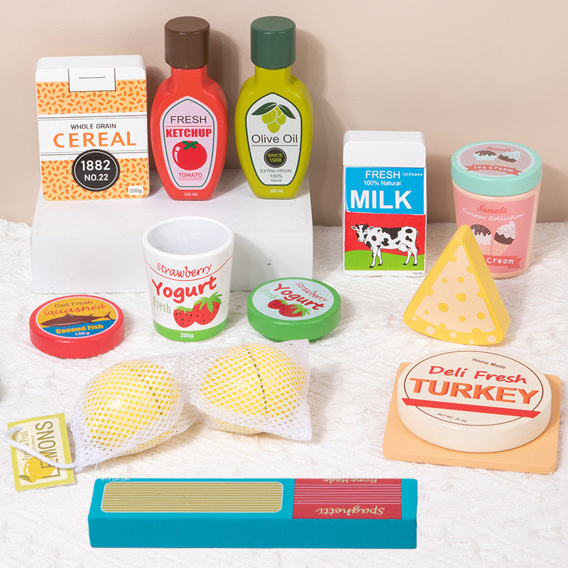 7-Piece Toddler Wooden Grocery Set with Milk & Cheese