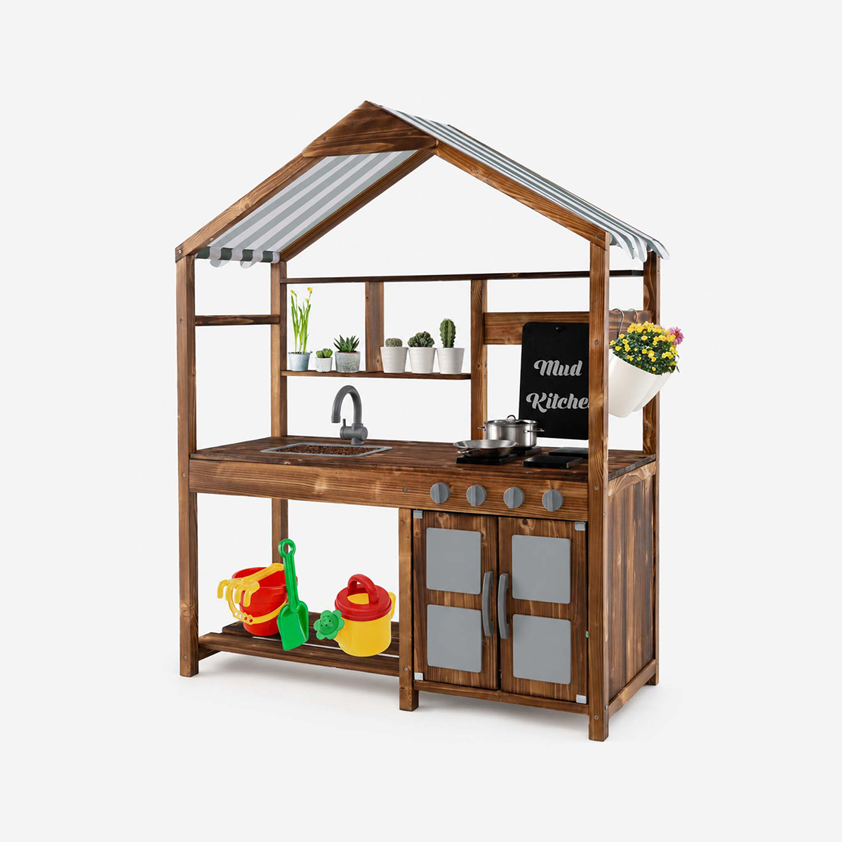 Outdoor Solid Wood Mud Kitchen with Canopy