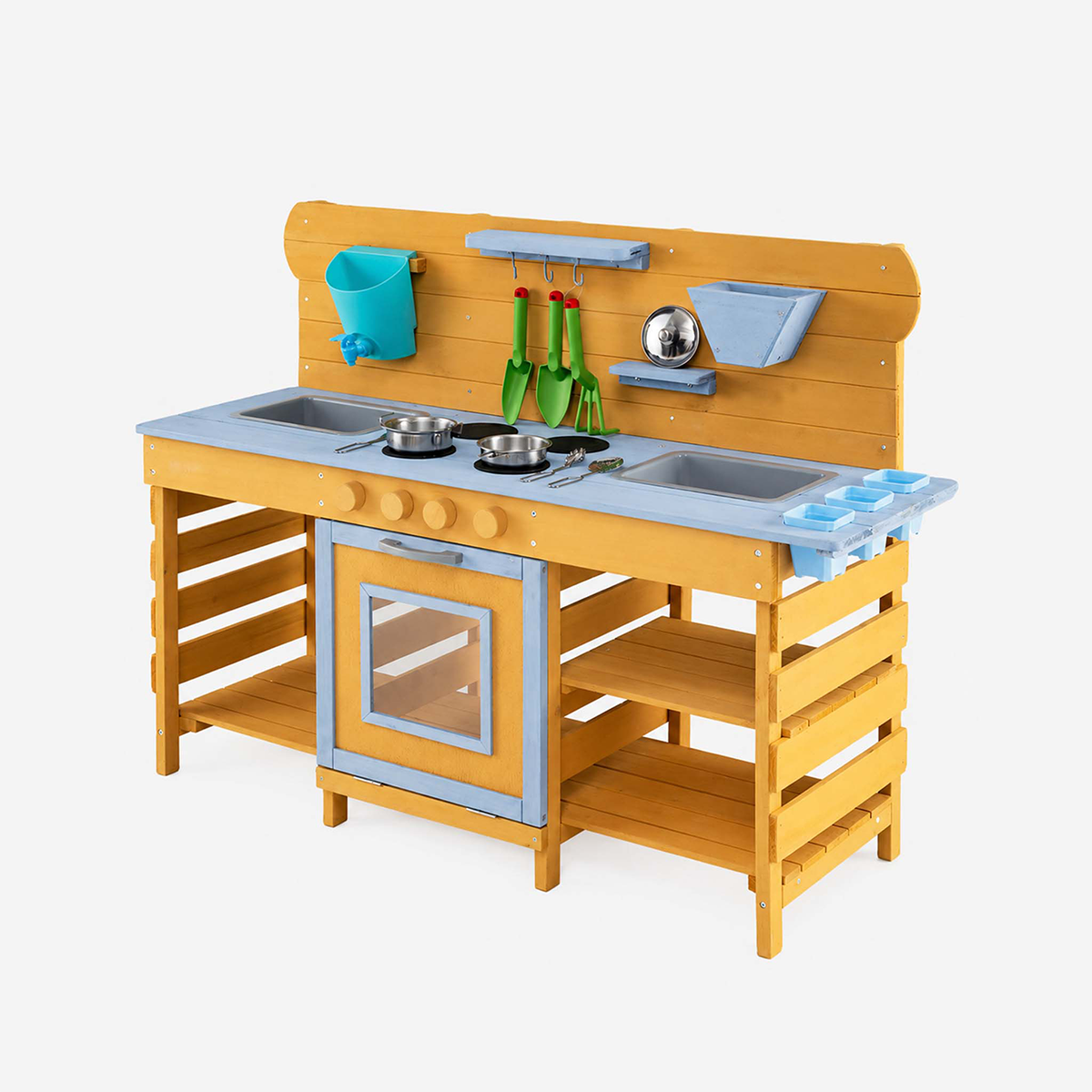 Large Wooden Mud Kitchen with 2 Sinks & 4 Stoves