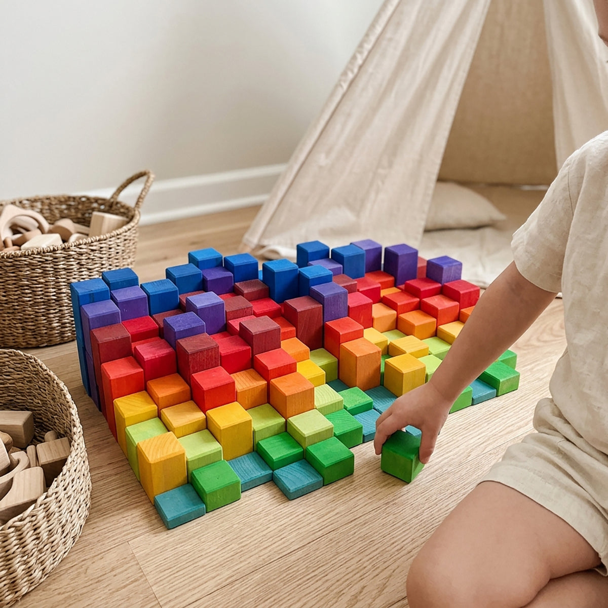 100 Pcs Large Wooden Stepped Counting Blocks Set