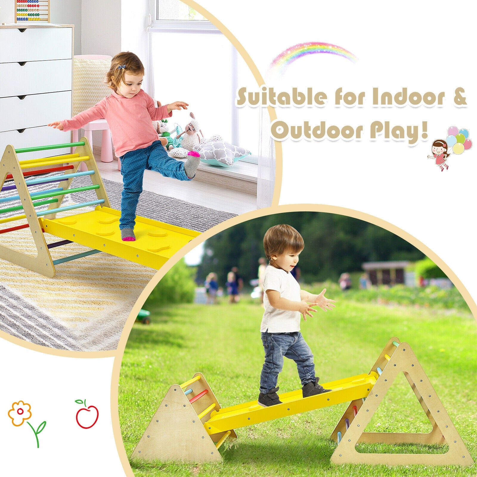 3-Piece Montessori Wooden Climbing Triangle Set with Reversible Ramp