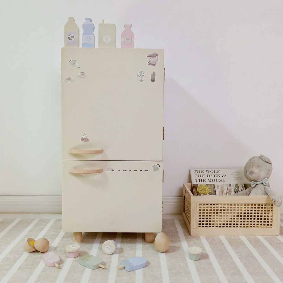 Wooden Mini Fridge Pretend Play Set with 12 Accessories