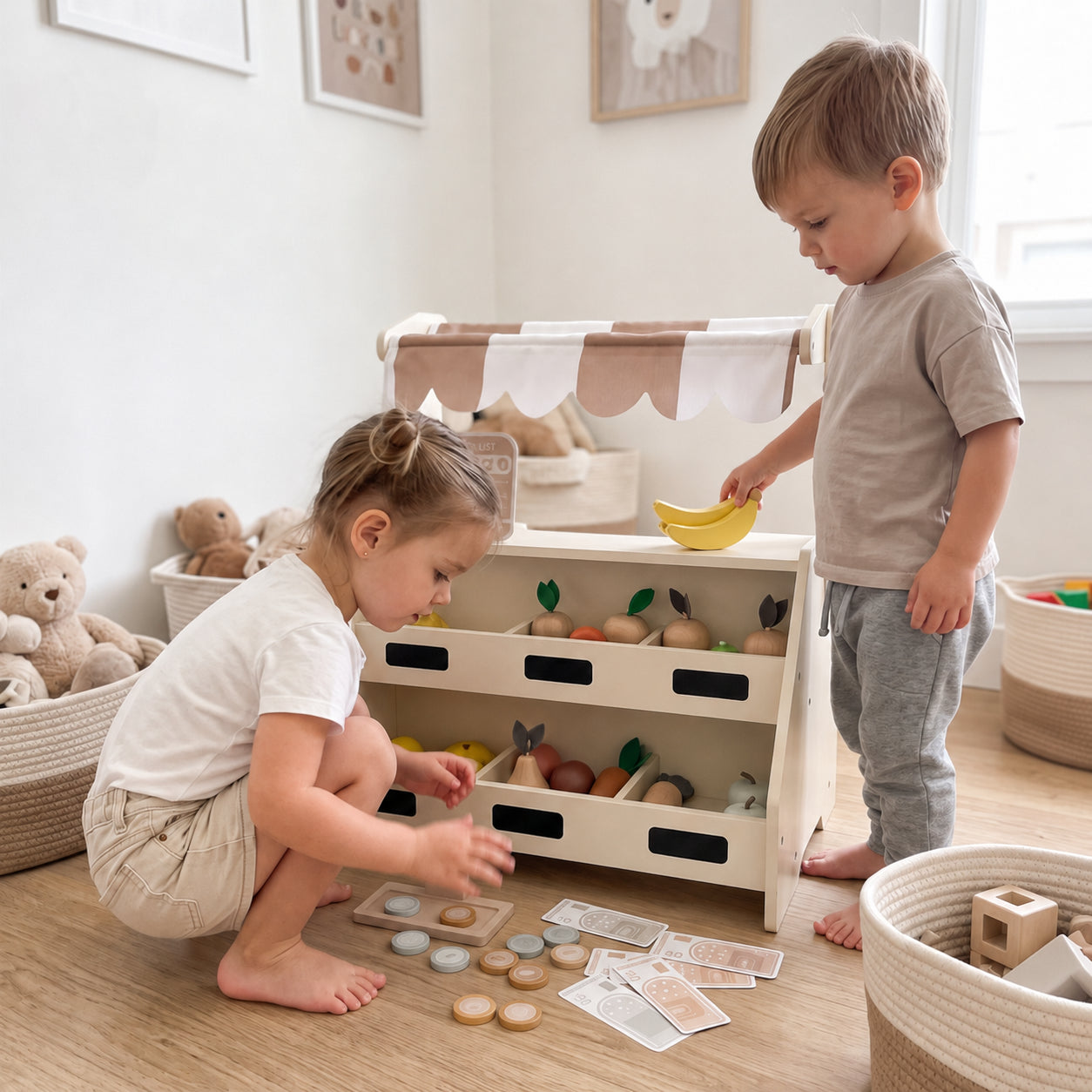 Toddler Pretend Play Market with Wooden Play Food