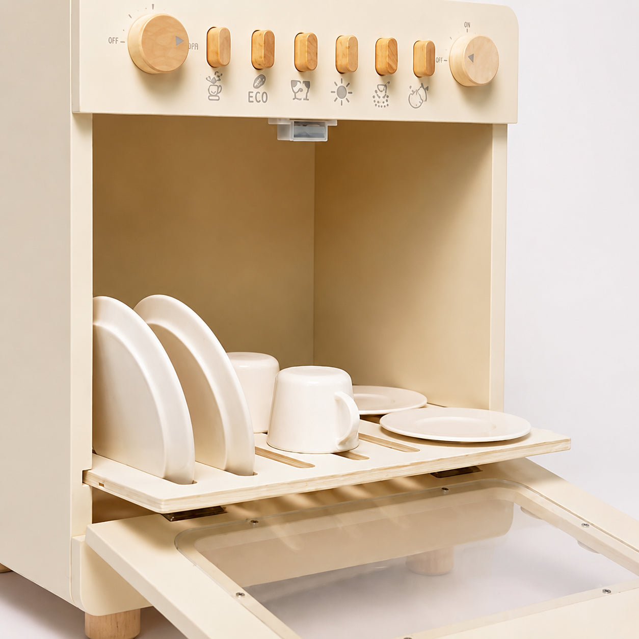 Wooden Dishwasher Pretend Play Kitchen Appliance with Dish Accessories