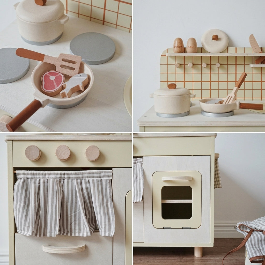 Beige Rustic Wooden Kids Kitchen Playset with Oven & Sink