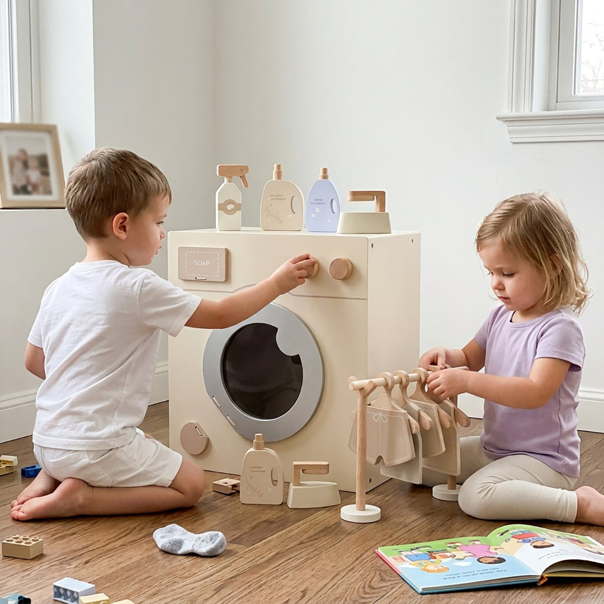Wooden Pretend Laundry Play Set with Clothes & Hangers
