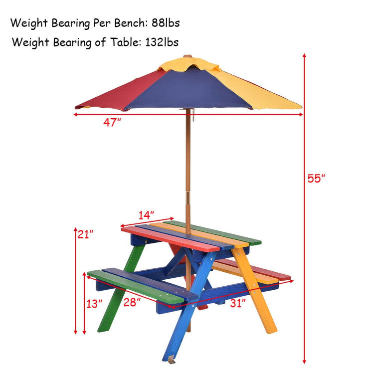4-Seat Kids Wooden Picnic Table & Bench Set with Removable UV Umbrella