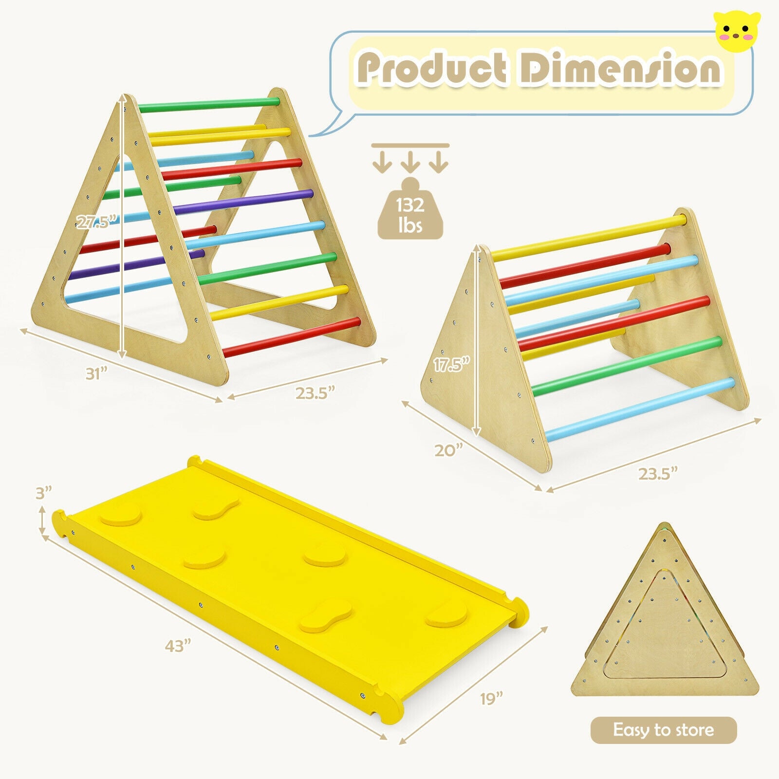 3-Piece Montessori Wooden Climbing Triangle Set with Reversible Ramp