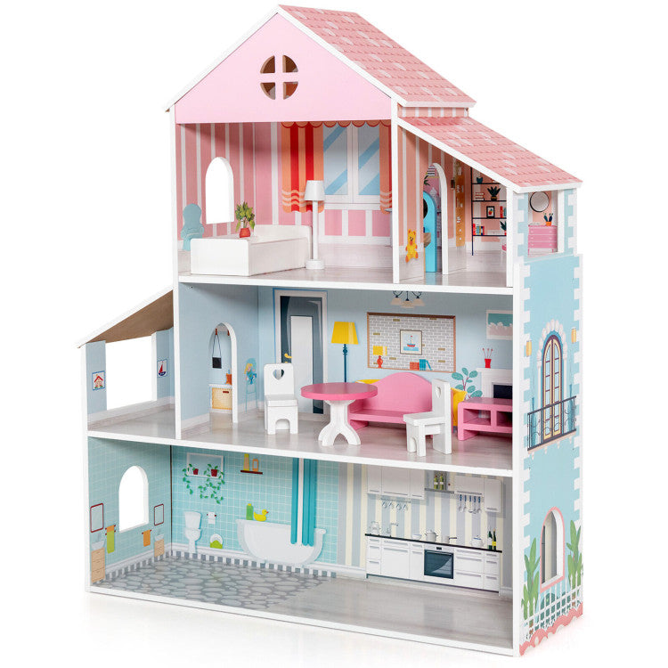 3-Tier Wooden Dollhouse with Furniture